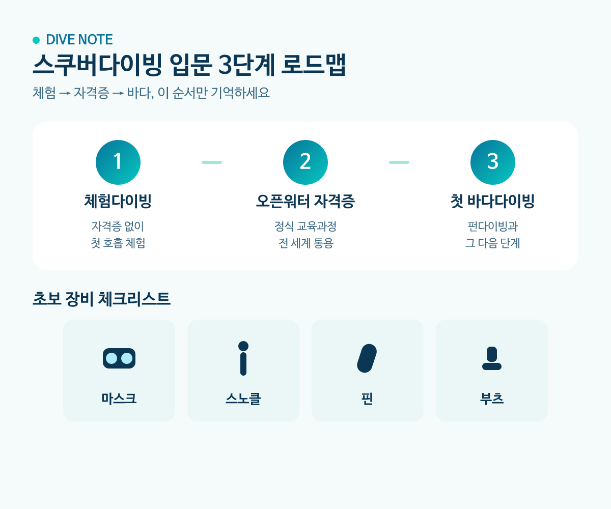 다이빙 입문 3단계 로드맵과 초보 장비 체크리스트를 정리한 인포그래픽